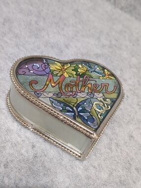 Amia Heart Shaped "Mother" Jewelry Trinket Box Hinged Hand Painted Stained Glass